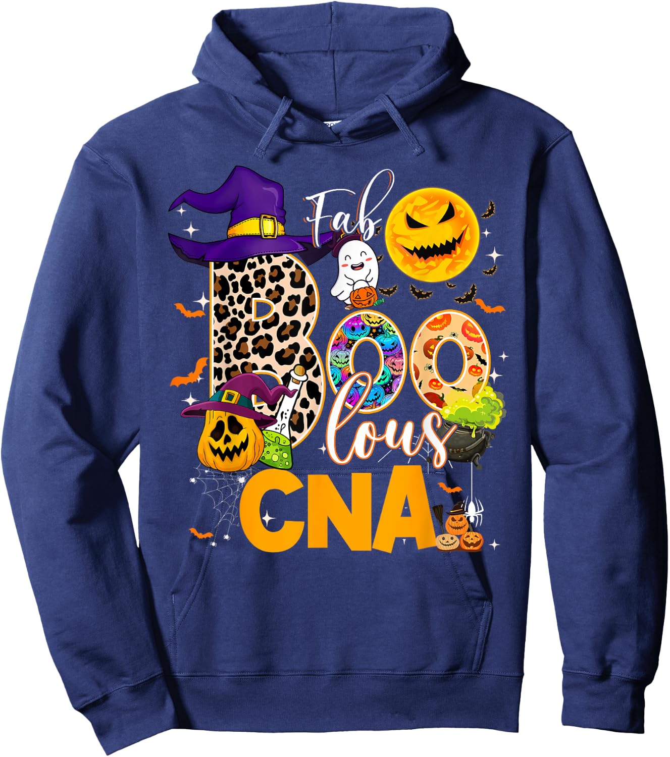 Fab Boo Lous CNA Nurse Nursing Halloween Leopard Pumpkin Hoodie - Hoodie | Navy