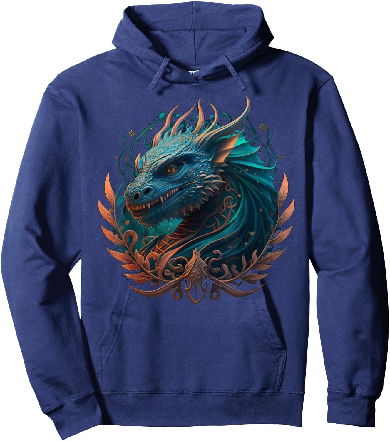 Mystical dragons head with curlicues in turquoise, drawing Hoodie - Hoodie | Navy