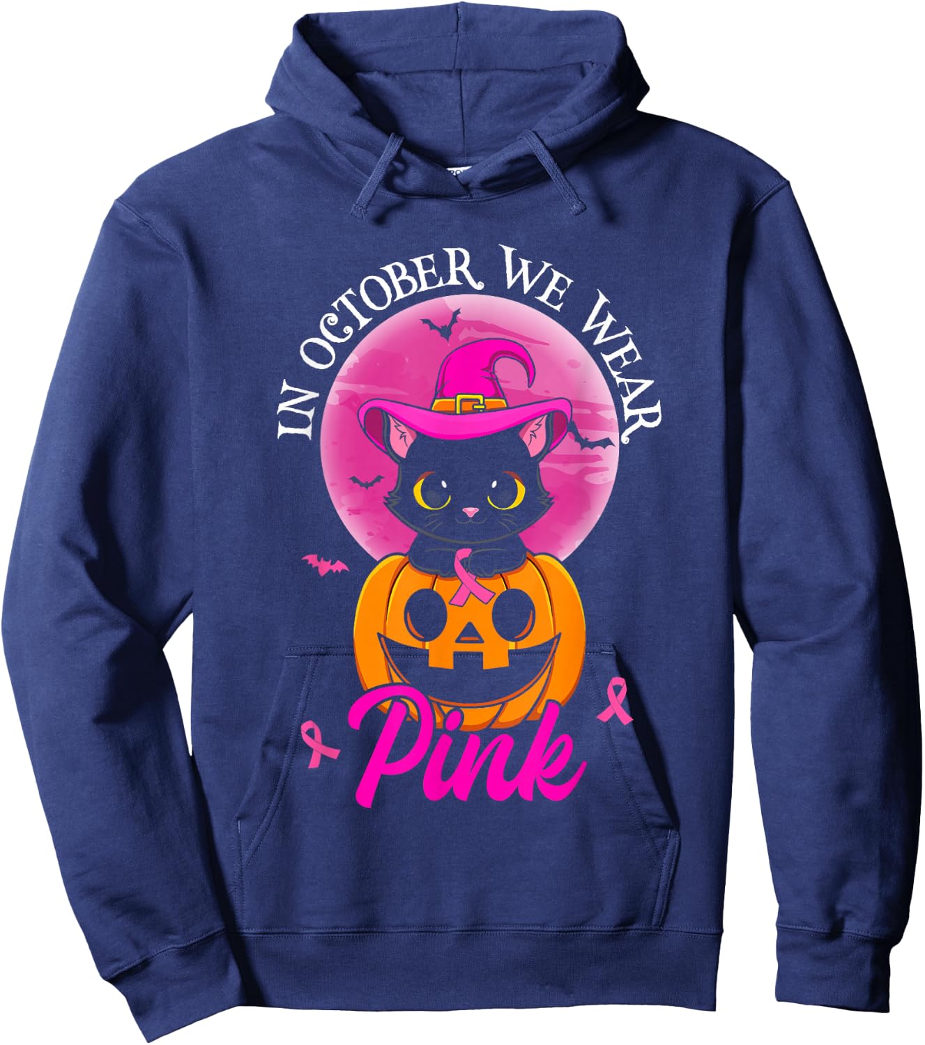 In October We Wear Pink Witch Cat Halloween Breast Cancer Women Girls Kids Hoodie - Hoodie | Navy