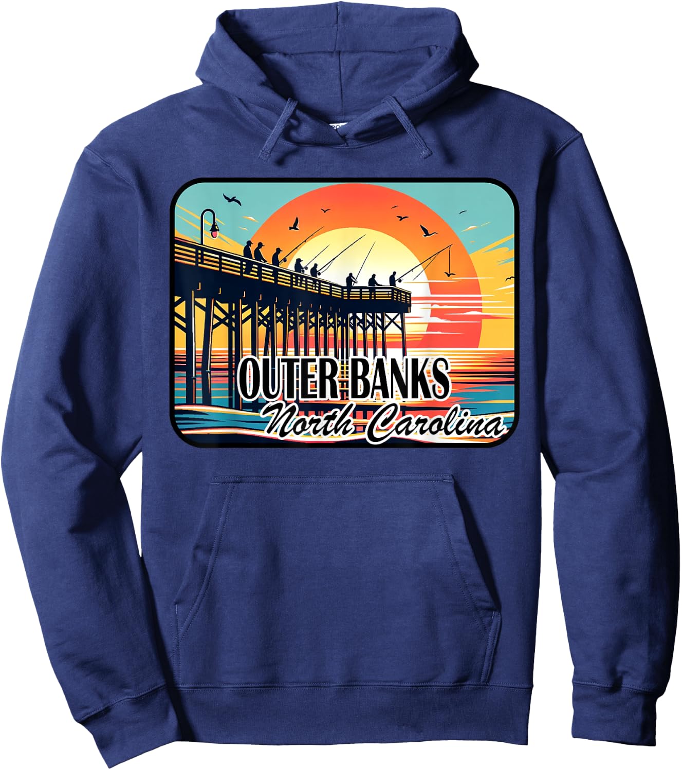 Outer Banks North Carolina Pier Fishing at Dawn Design Hoodie - Hoodie | Navy