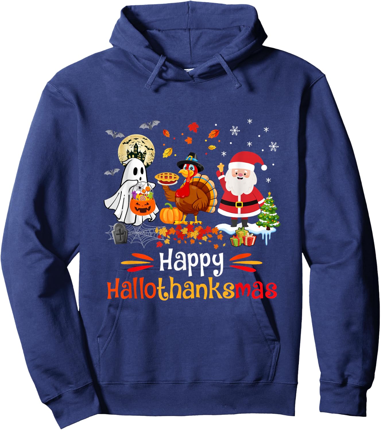 Happy Hallothanksmas Ghost Turkey Pumpkin Christmas Santa Hoodie - Hoodie | Navy