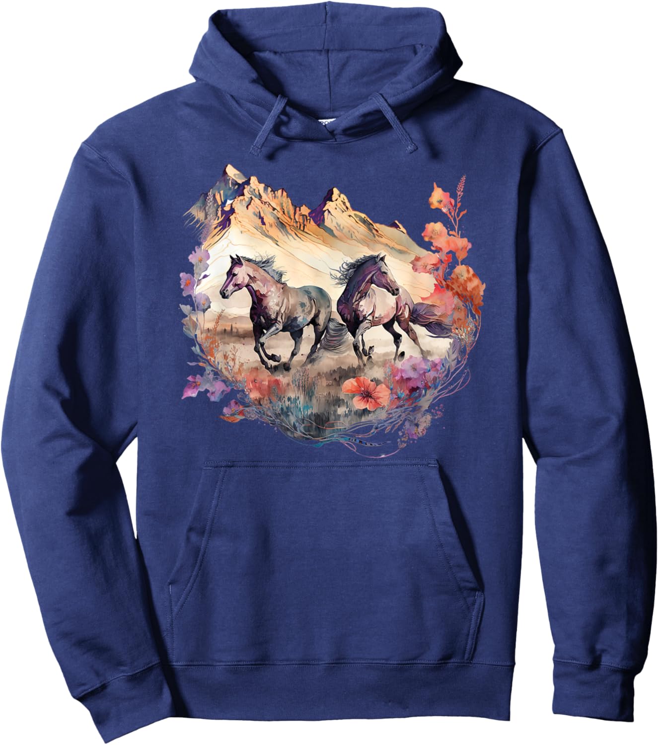 Horses Flowers Mountain Boho Western Southern Cowgirl Hoodie - Hoodie | Navy