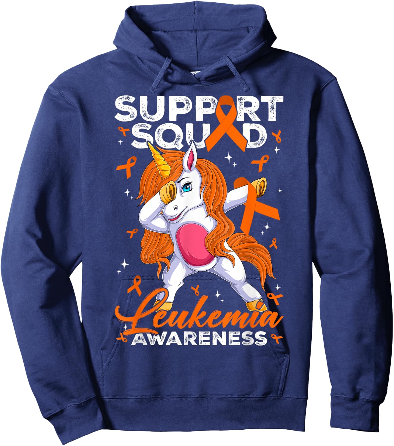 Support Squad Leukemia Awareness Unicorn With Orange Ribbon Hoodie - Hoodie | Navy