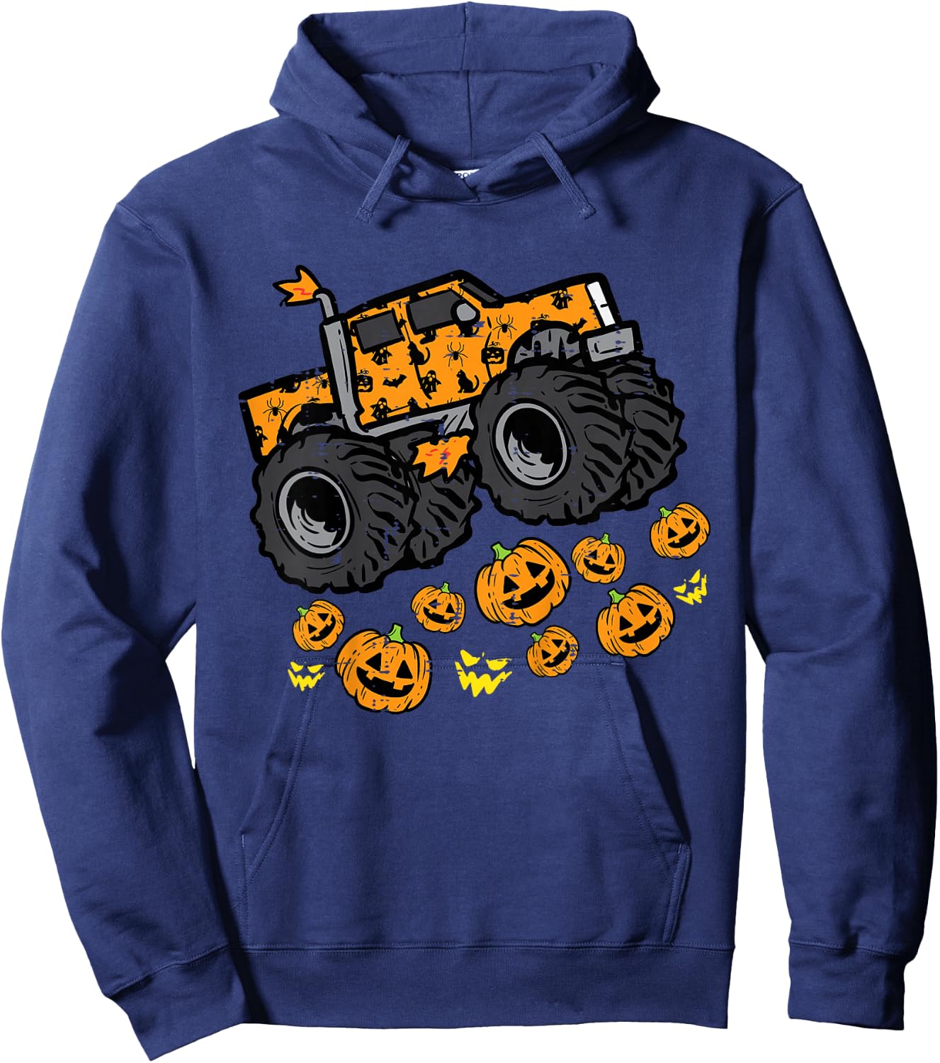 Kids Pumpkin Monster Truck Cool Halloween Costume Toddler Boys Hoodie - Hoodie | Navy