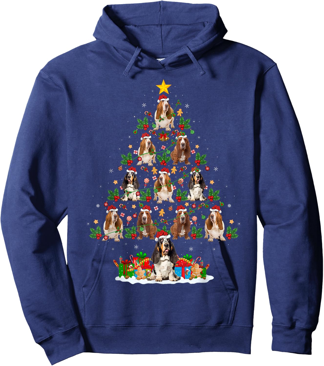 Lighting Xmas Holiday Santa Basset Hound Dog Christmas Tree Hoodie - Hoodie | Navy