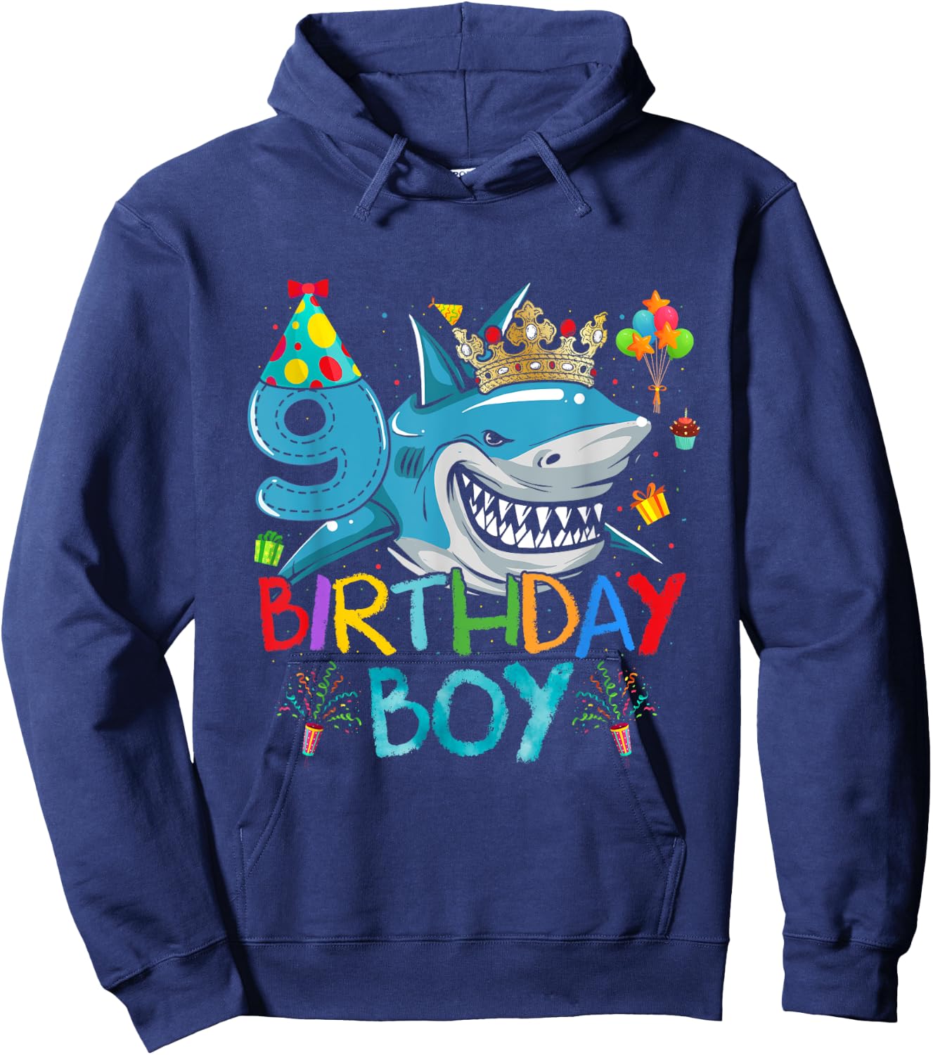 9th Birthday Shark Ocean Theme Party 9 Years Old For Boy Hoodie - Hoodie | Navy