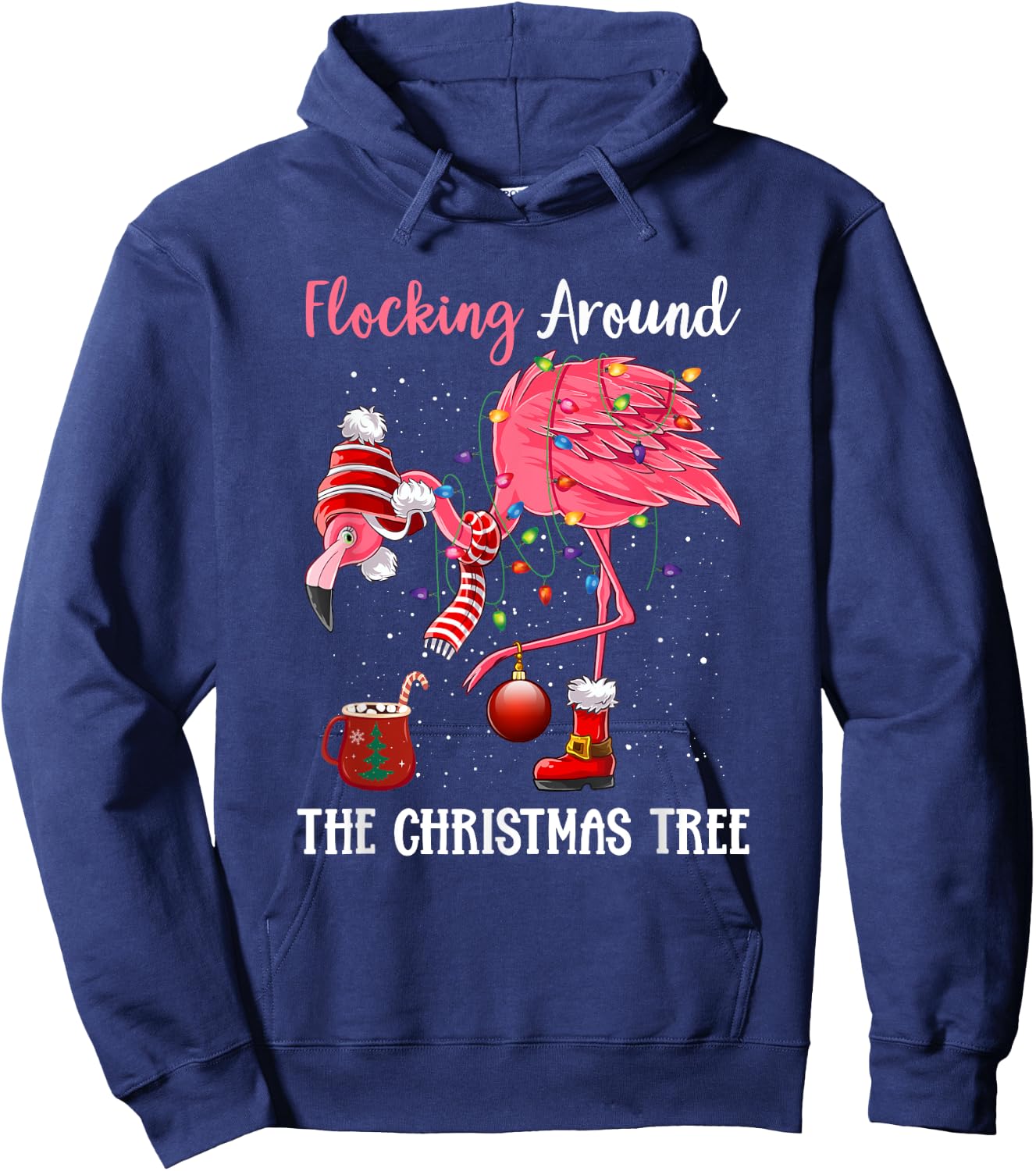 Flocking Around The Christmas Tree Xmas Pjs Pink Flamingo Hoodie - Hoodie | Navy
