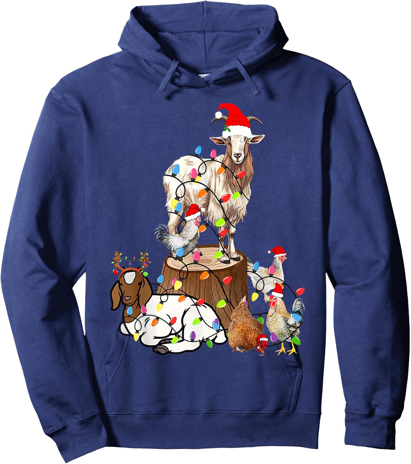 Goat Chicken Santa Hat Reindeer Funny Christmas Lights Farm Hoodie - Hoodie | Navy