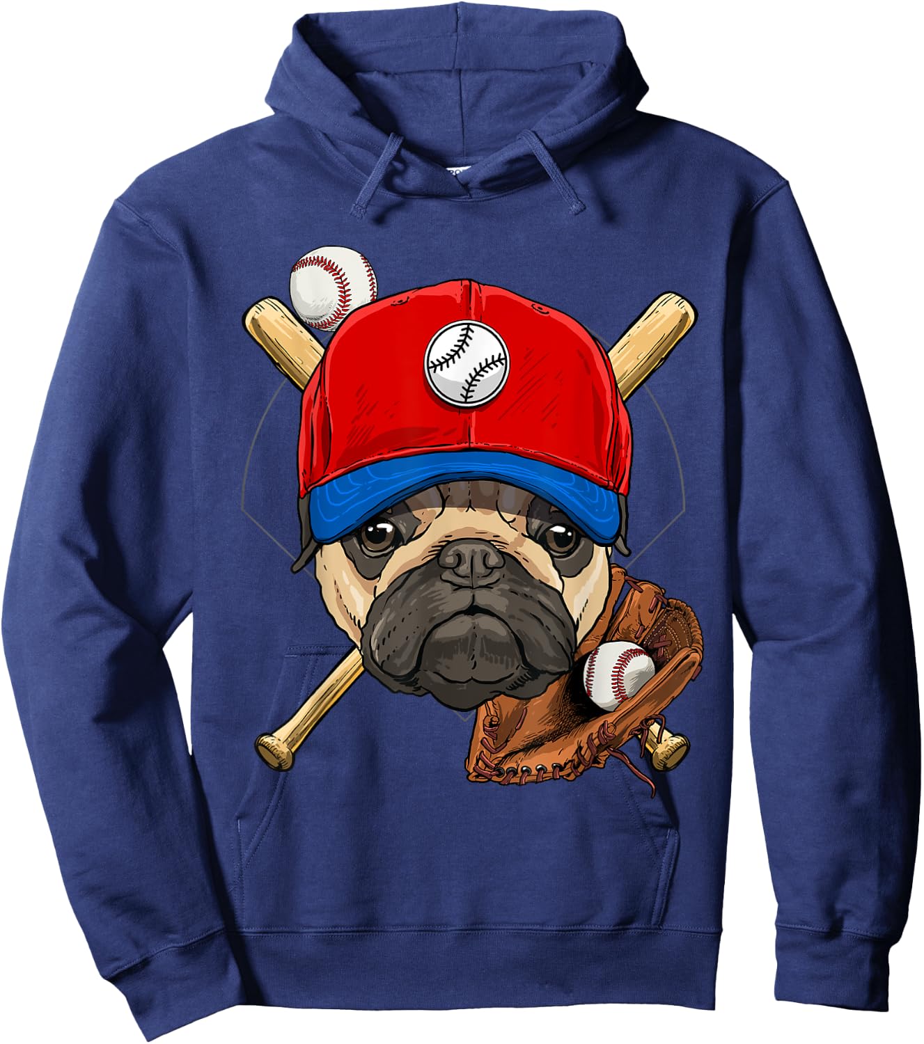 Pawsome -Adults, Kids Baseball , Black, Small, Short Sleeve, Cartoon Pug Baseball Player Applique Hoodie - Hoodie | Navy