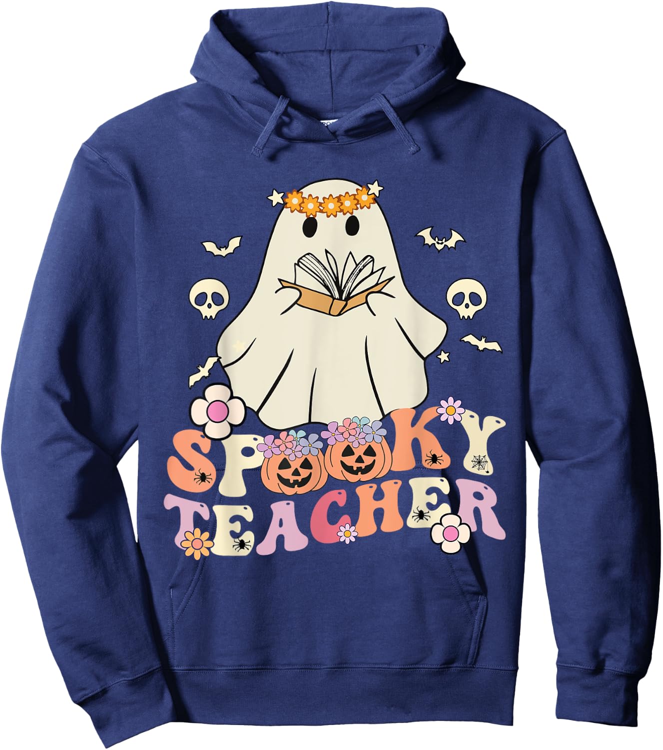 Spooky Teacher Groovy Retro Ghost Teacher Halloween 2023 Women Kids Hoodie - Hoodie | Navy