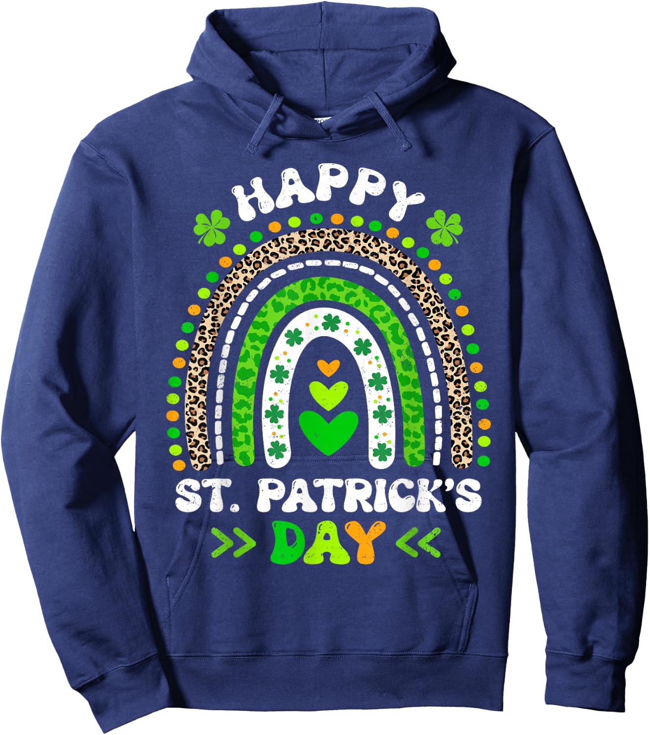 Groovy Happy St Patricks Day Leopard Rainbow Shamrock Irish Hoodie - Hoodie | Navy