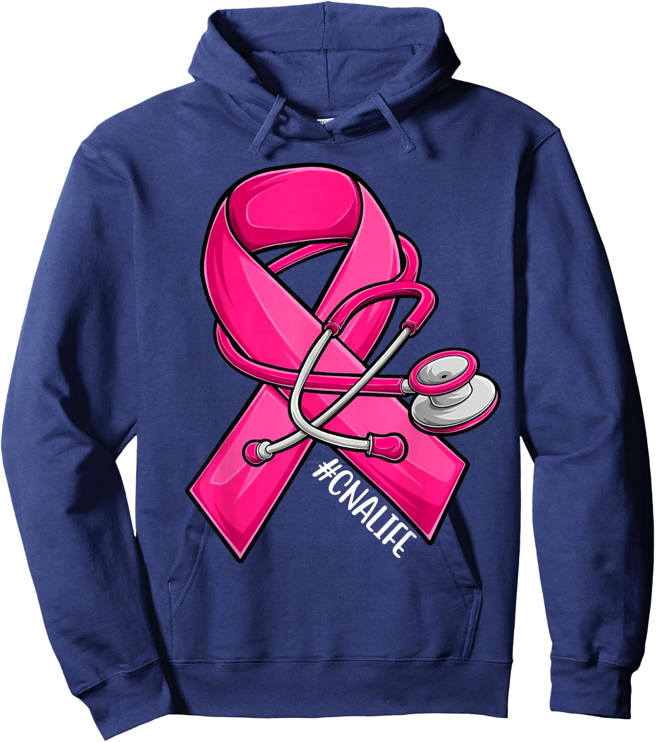 Pink Ribbon Stethoscope CNA Life Breast Cancer Awareness Hoodie - Hoodie | Navy