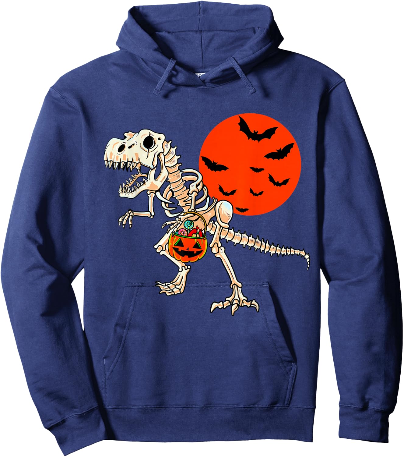 Scary Dinosaur Halloween Boys T Rex Skeleton Pumpkin Moon Hoodie - Hoodie | Navy