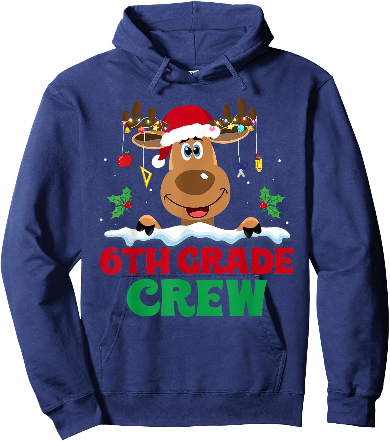 6th Grade Crew Reindeer Santa Hat Funny Christmas Teacher Hoodie - Hoodie | Navy