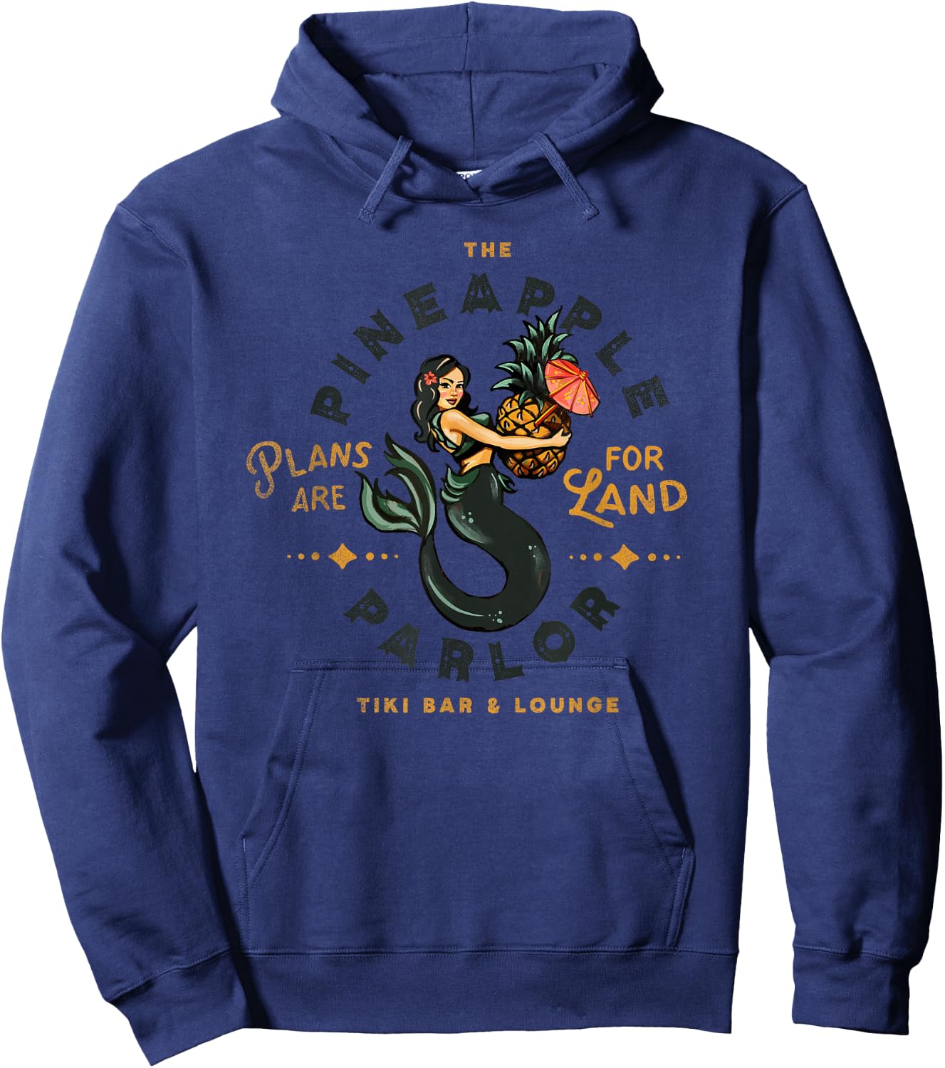 Fun Tiki Bar Tattoo Pinup: Tropical Pineapple Sailor Mermaid Hoodie - Hoodie | Navy