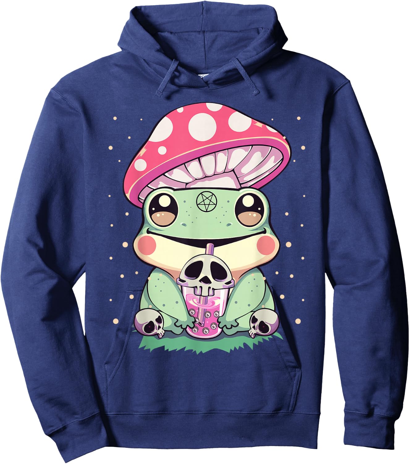 Pastel Goth Kawaii Frog Boba Tea and Mushroom Frog Hoodie - Hoodie | Navy
