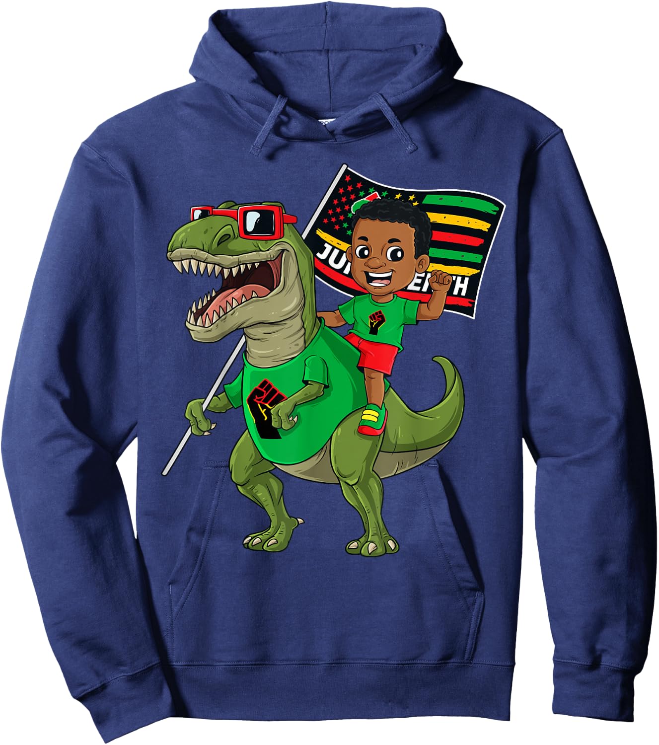 Juneteenth Black King Riding T Rex Dino Funny Boys Kids Flag Hoodie - Hoodie | Navy