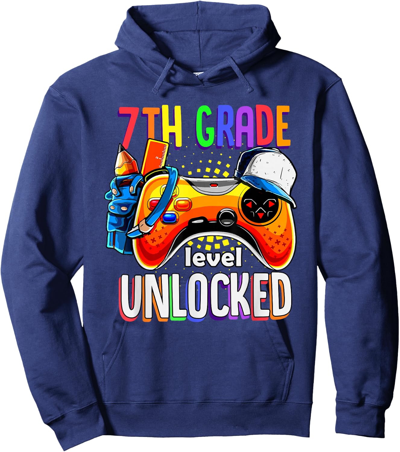 Gamer Back To School 7th Seventh Grade Level Unlocked Hoodie - Hoodie | Navy