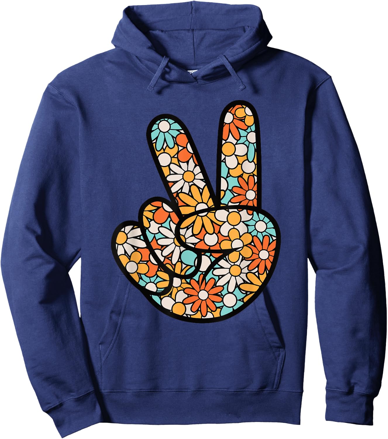 Peace Hand Sign Hippie Flower Groovy 60s 70s Party Outfit Hoodie - Hoodie | Navy