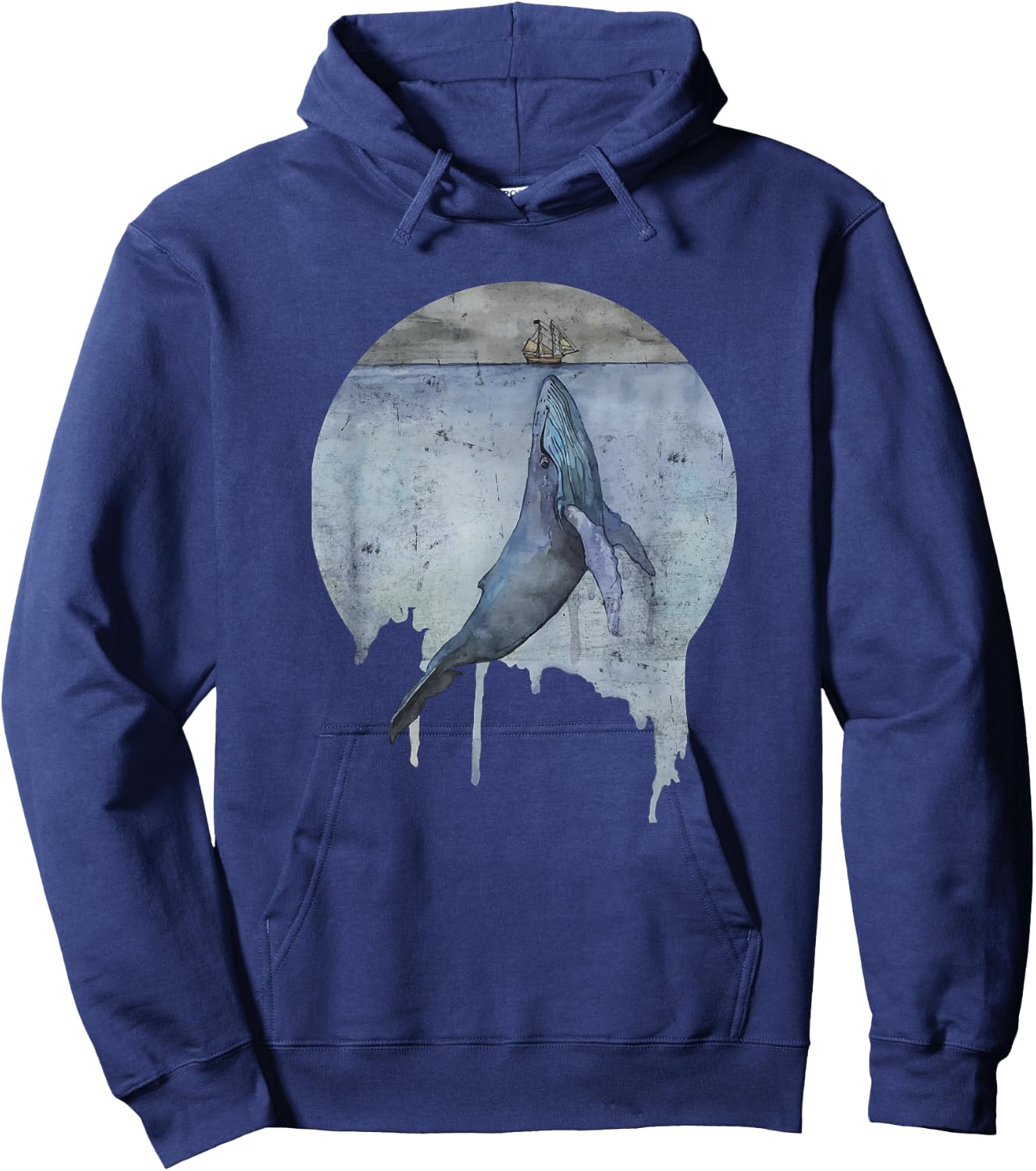 Humpback Whale Ship At Sea Distressed Watercolor Ocean Sea Hoodie - Hoodie | Navy