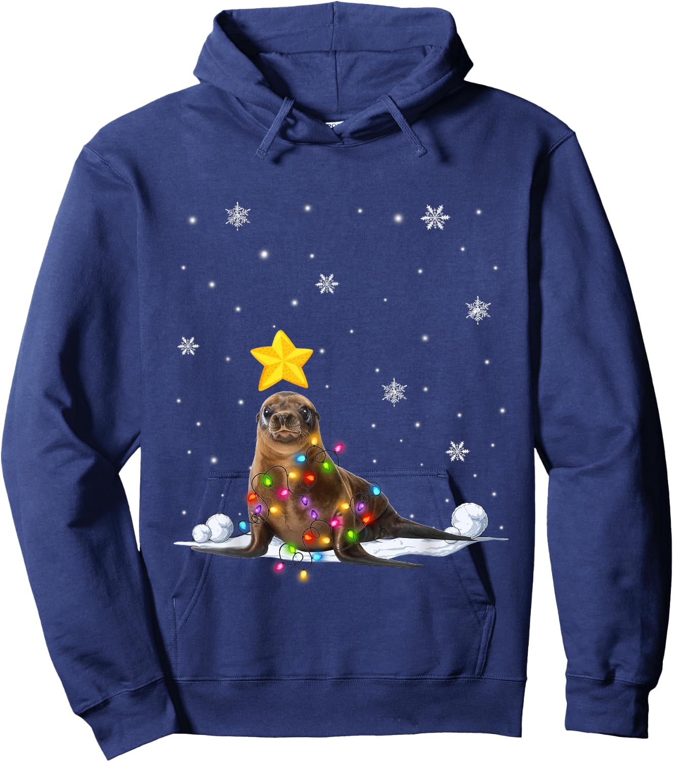 Funny Xmas Sea lion Animals Lover Christmas Tree Lights Hoodie - Hoodie | Navy