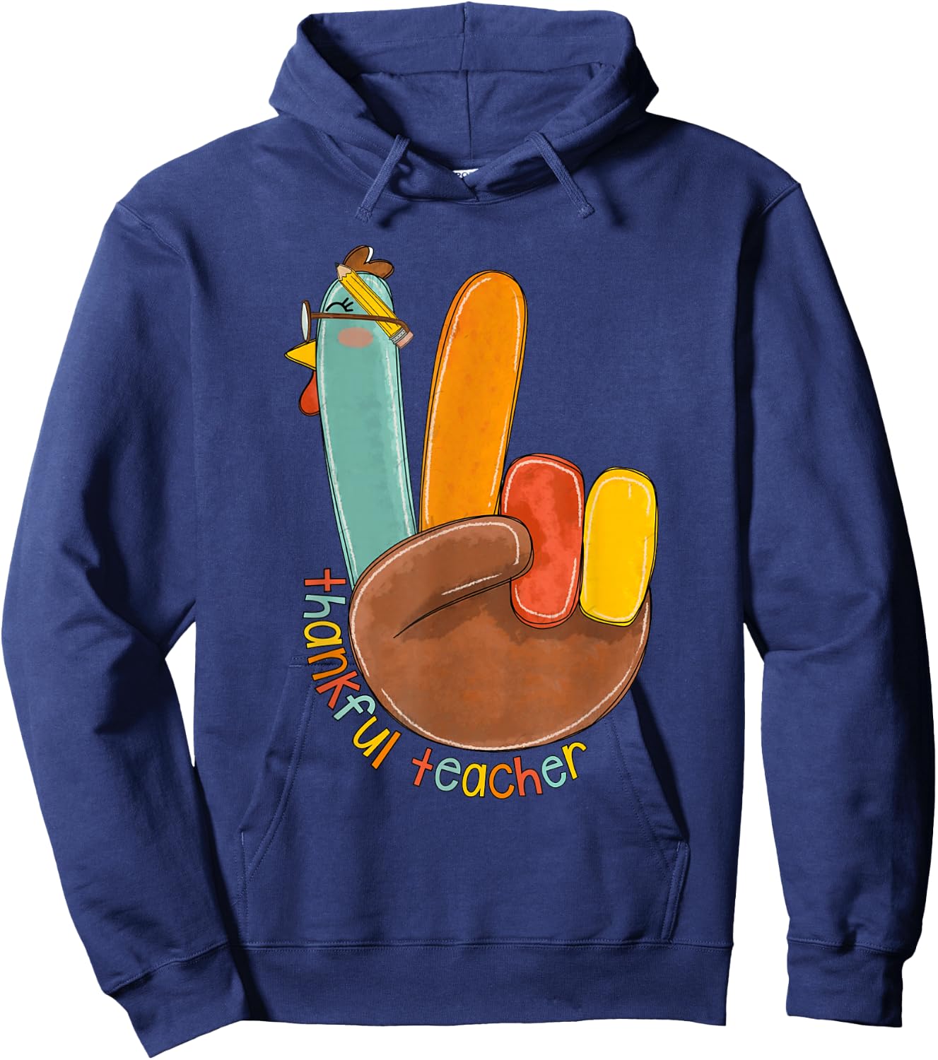 One Thankful Teacher Thanksgiving Turkey Peace Hand Sign Hoodie - Hoodie | Navy
