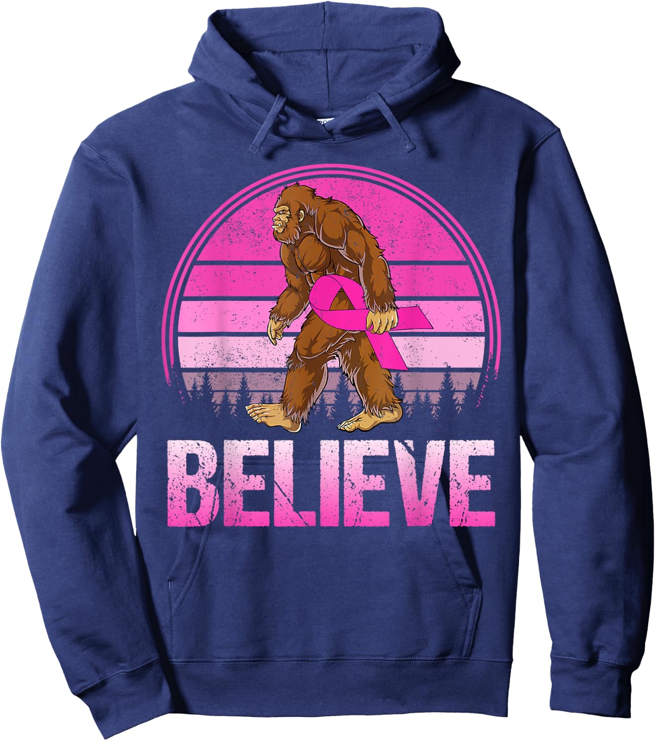 Retro Believe Breast Cancer Bigfoot & Pink Ribbon Sasquatch Hoodie - Hoodie | Navy