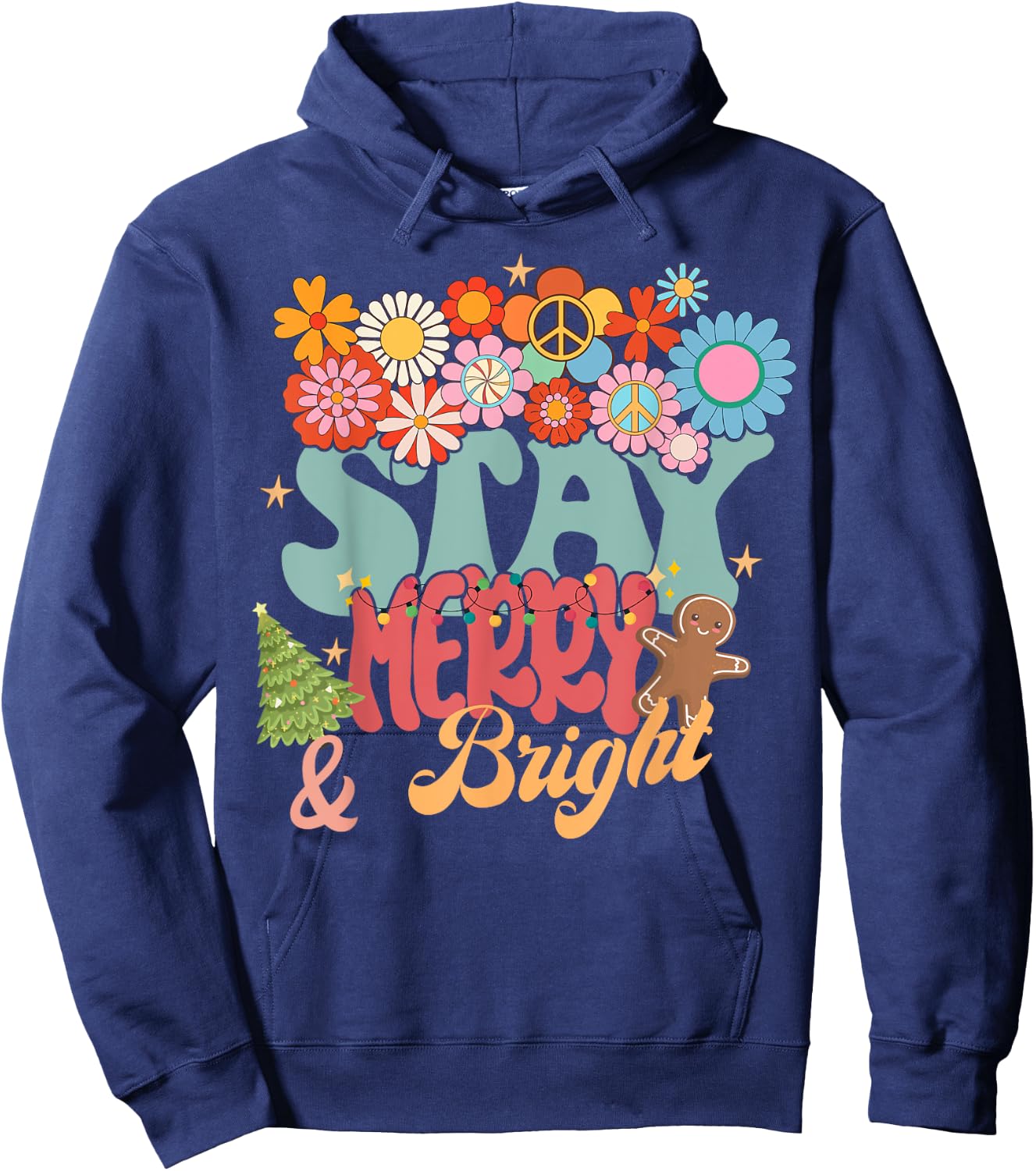 Retro Groovy Peace Stay Christmas Merry Bright Hippie Santa Hoodie - Hoodie | Navy