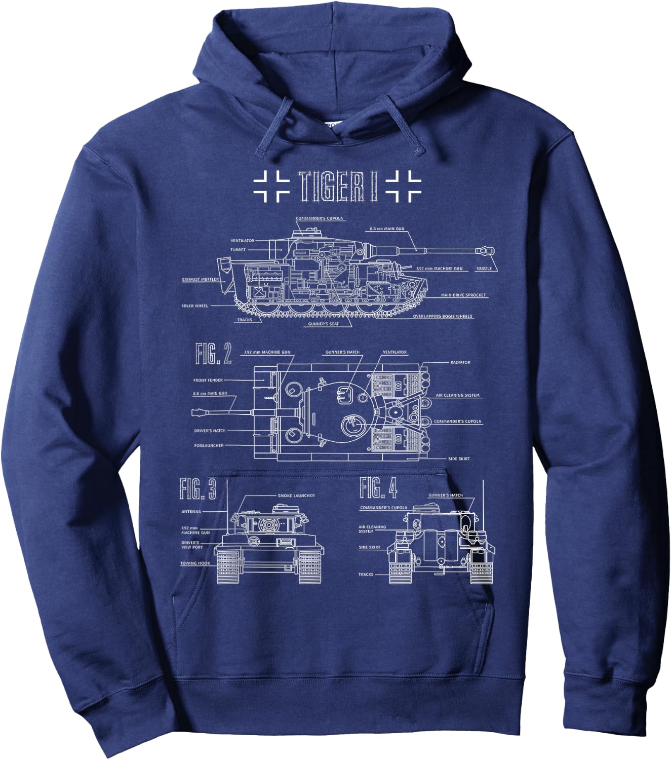 World War 2 German Tank Tiger I Engineering Blueprint Hoodie - Hoodie | Navy