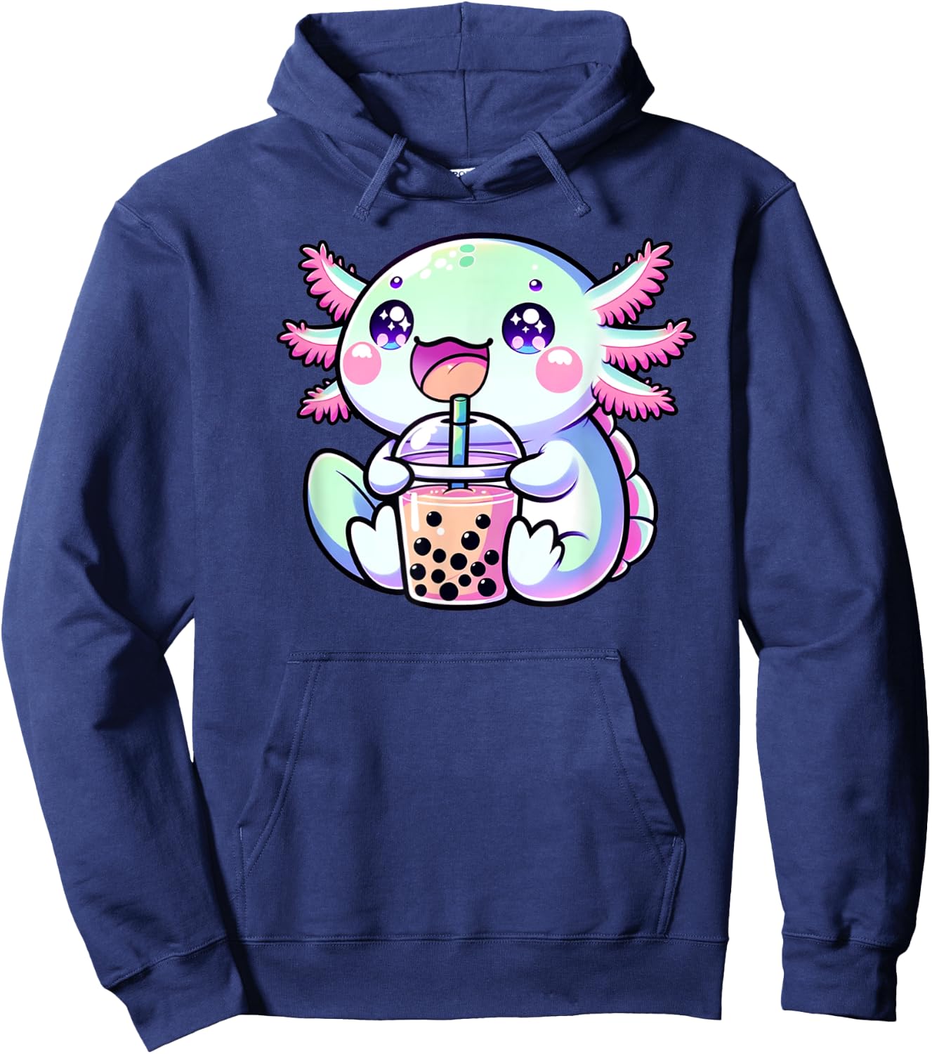 Cute Kawaii Axolotl Boba Bubble Tea Blue Pink Anime Bobalotl Men Women Kids Hoodie - Hoodie | Navy