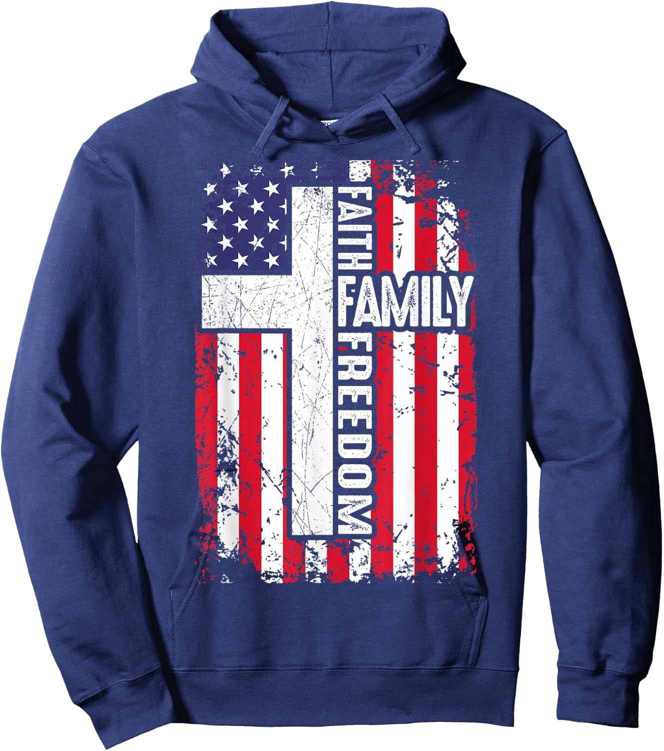 Faith Family Freedom Patriotic Christian American Flag Cross Hoodie - Hoodie | Navy