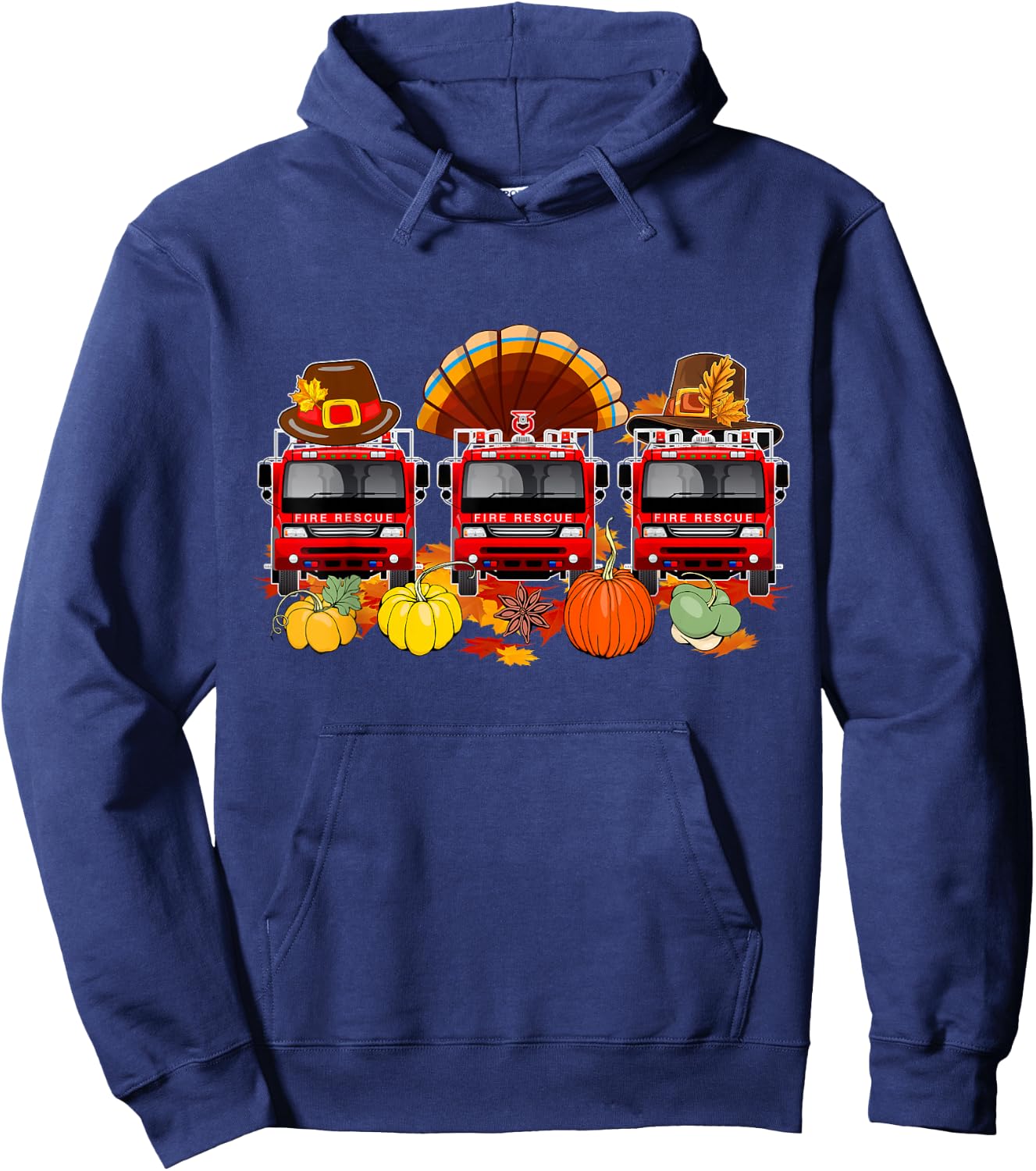 Thanksgiving Three Cute Fire Trucks As Turkey Autumn Driver Hoodie - Hoodie | Navy