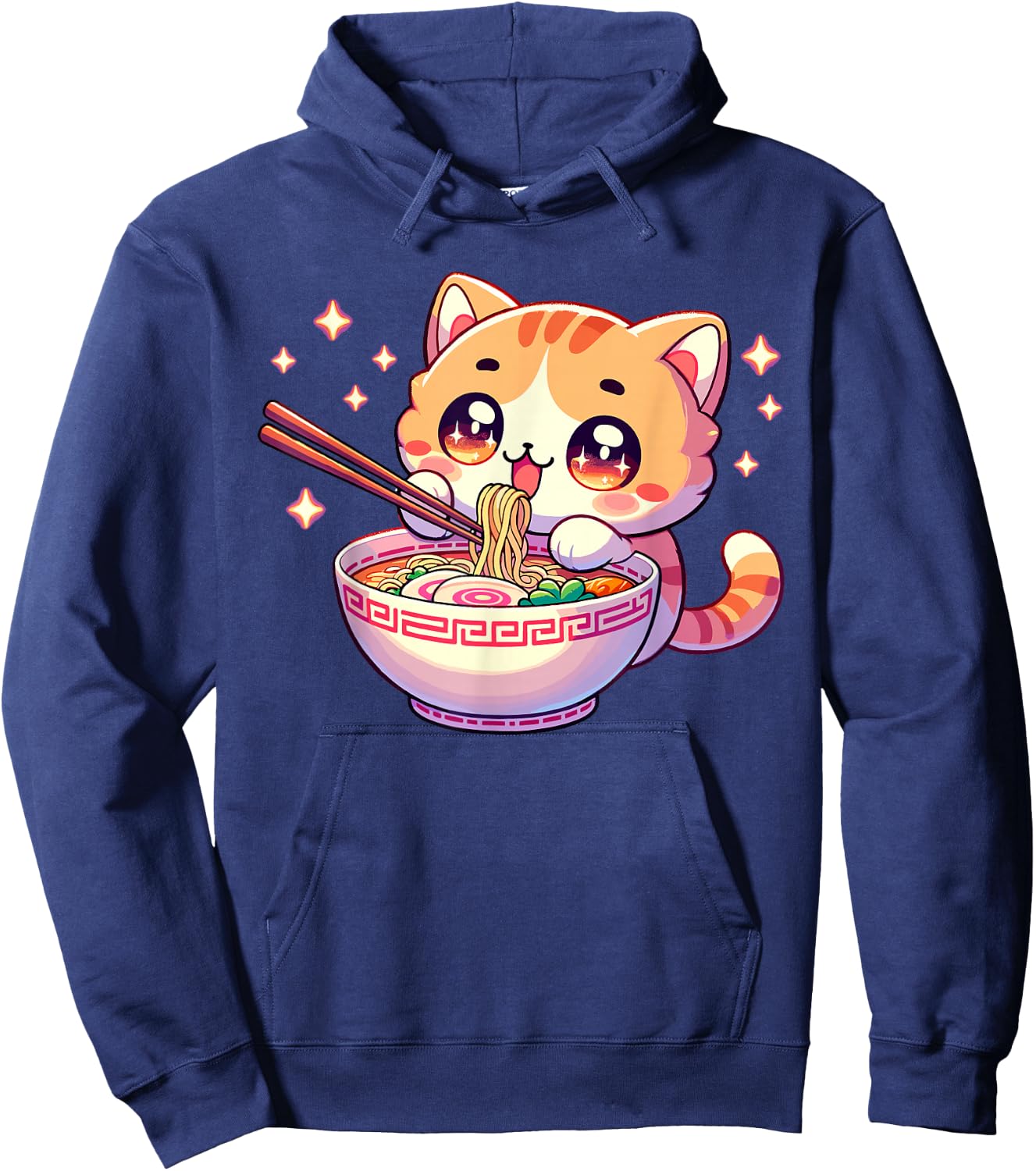 Japanese Kawaii Kitten Anime Cat Eating Ramen Women Girls Hoodie - Hoodie | Navy