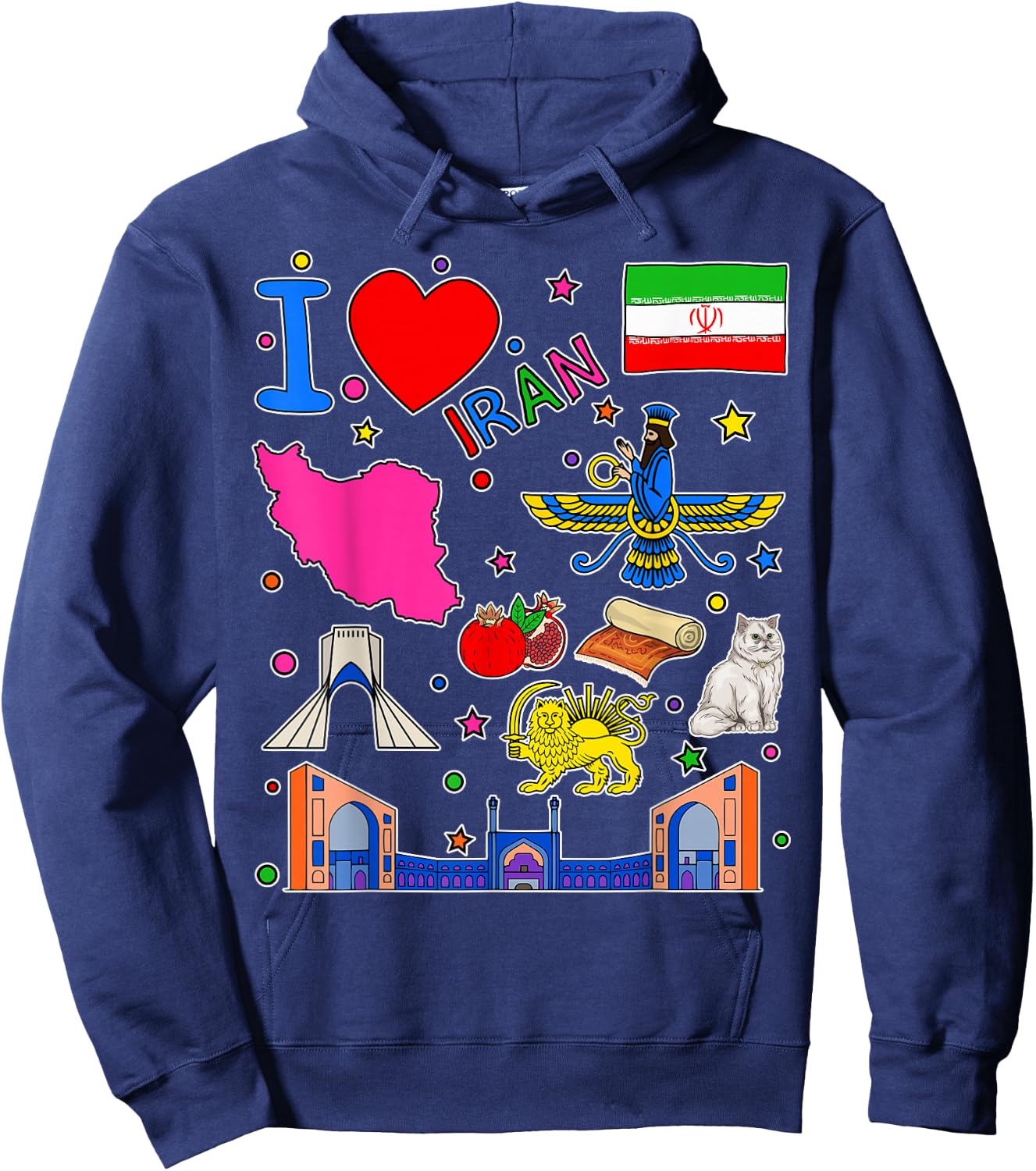 Iranian hand drawn landmarks, Iran map, Culture icons Hoodie - Hoodie | Navy