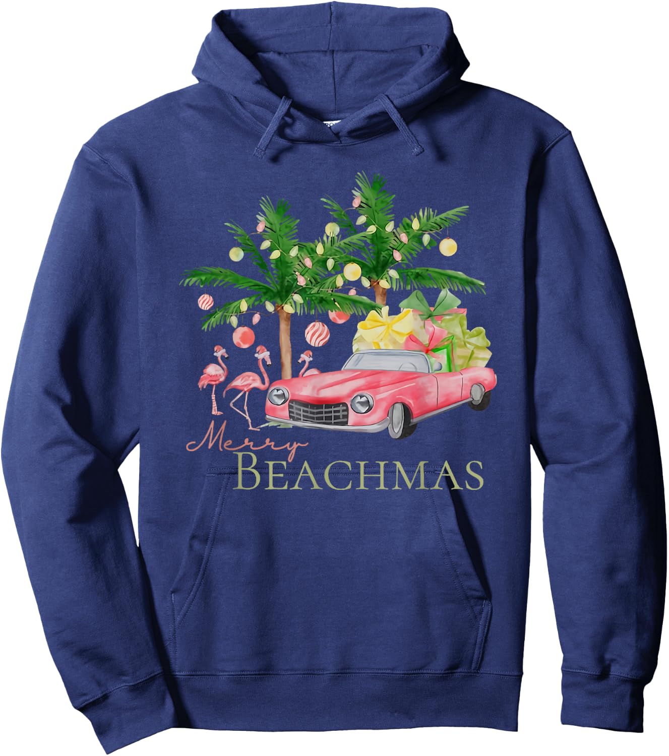 Merry Beachmas Tropical Christmas Santa Flamingo Hawaii Men Women Hoodie - Hoodie | Navy
