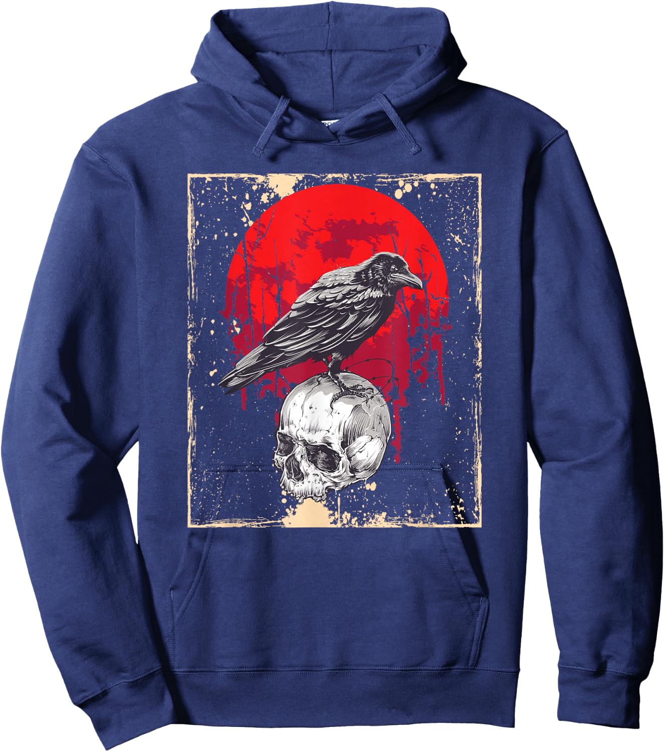 Gothic Raven Skull Red Moon Black Crow Hoodie - Hoodie | Navy