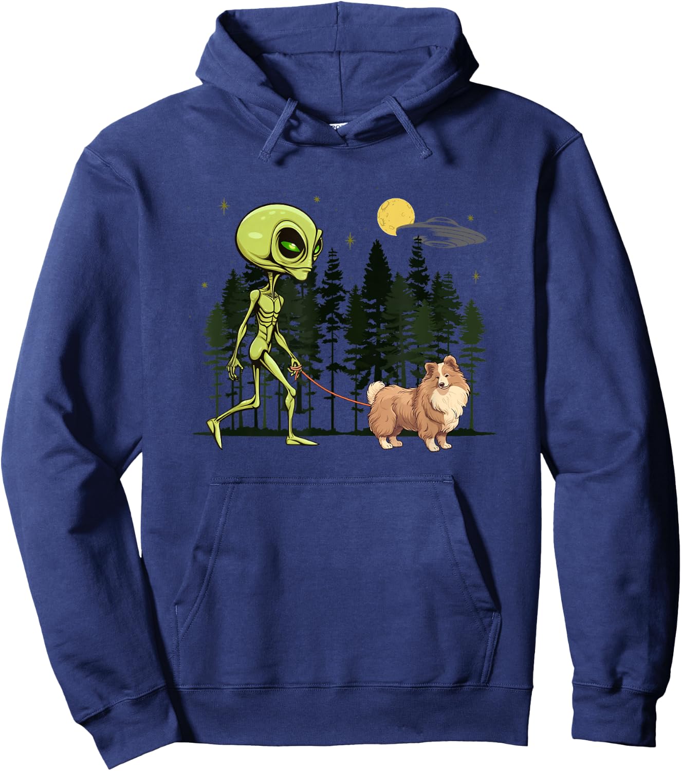 Funny Shetland Sheepdog Sheltie Alien Walking UFO Pet Dog Women Kids Hoodie - Hoodie | Navy