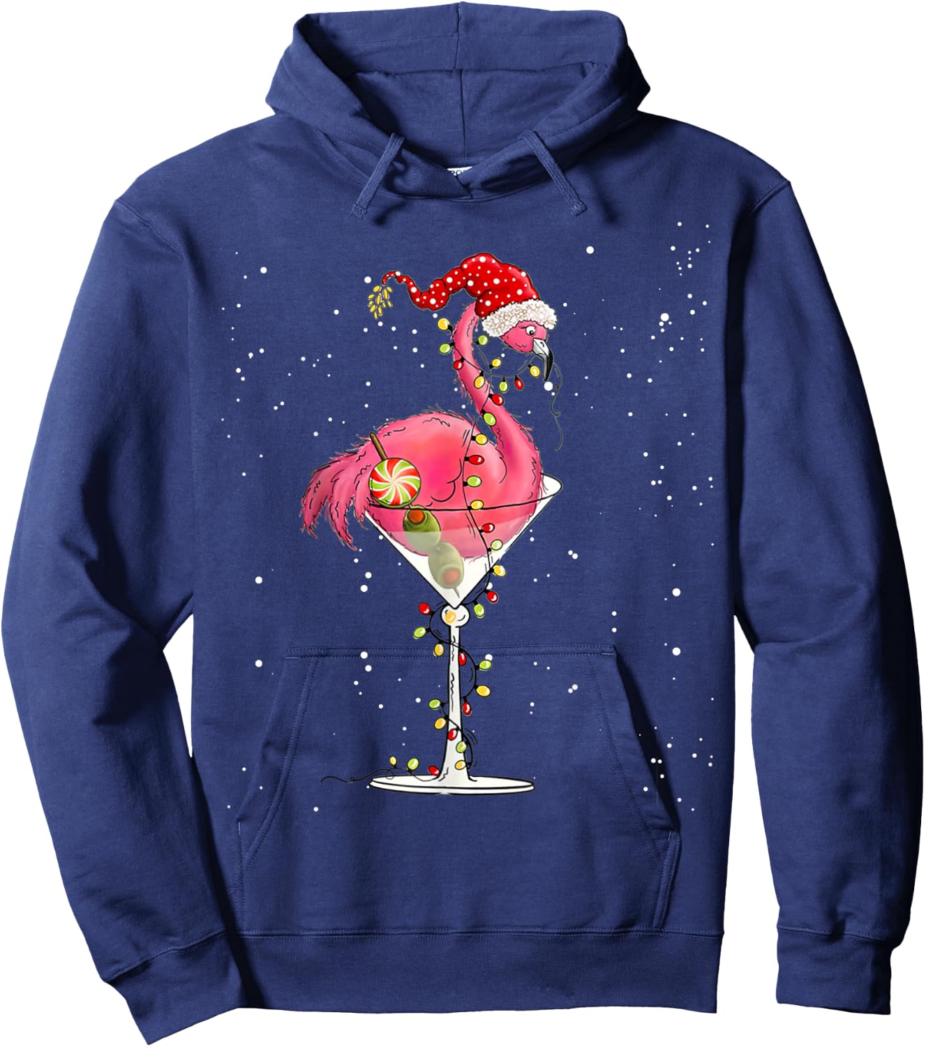 Merry Christmas Pink Flamingo Wine Drinking Lights Xmas Tree Hoodie - Hoodie | Navy