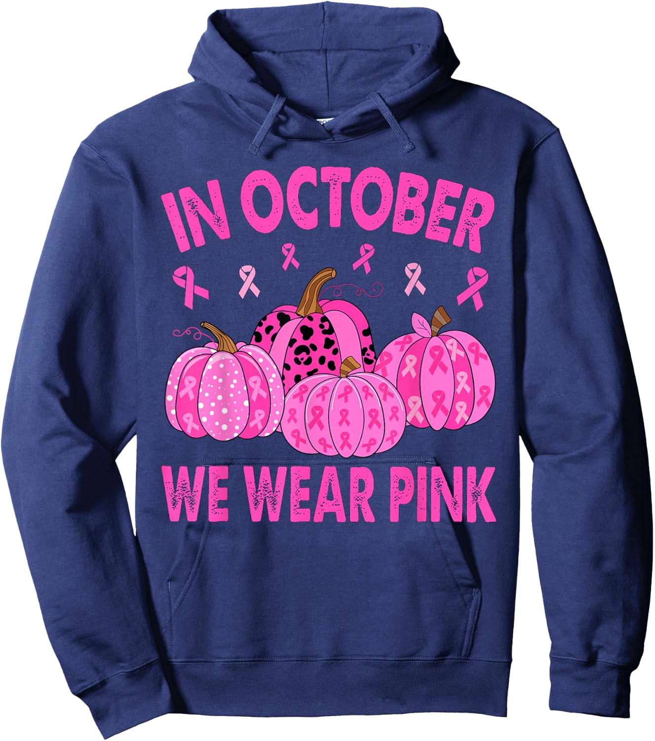 In October We Wear Pink Breast Cancer Halloween Pumpkin Hoodie - Hoodie | Navy