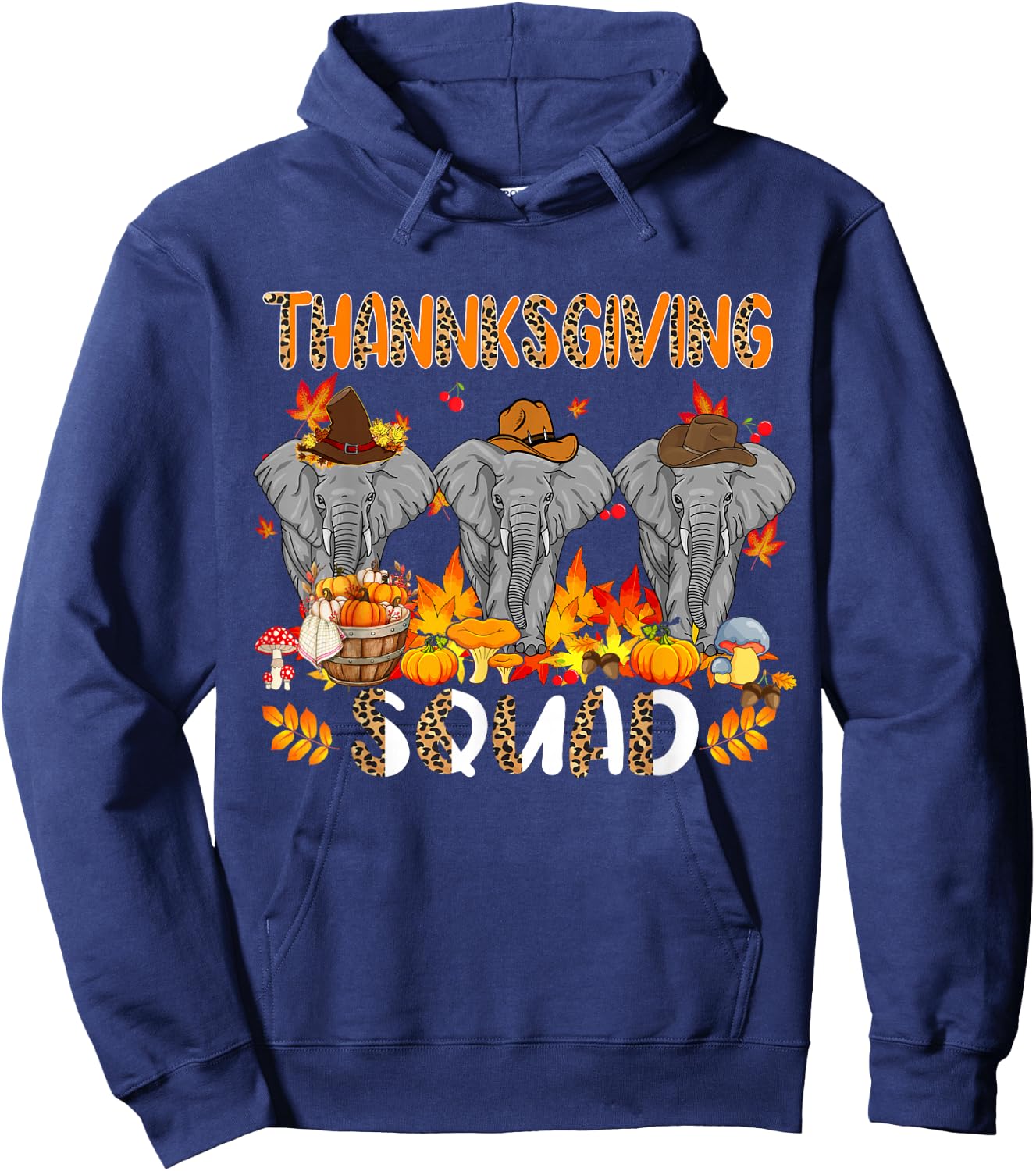 Thanksgiving Squad Leopard Three Fall Elephants Wearing Hat Hoodie - Hoodie | Navy
