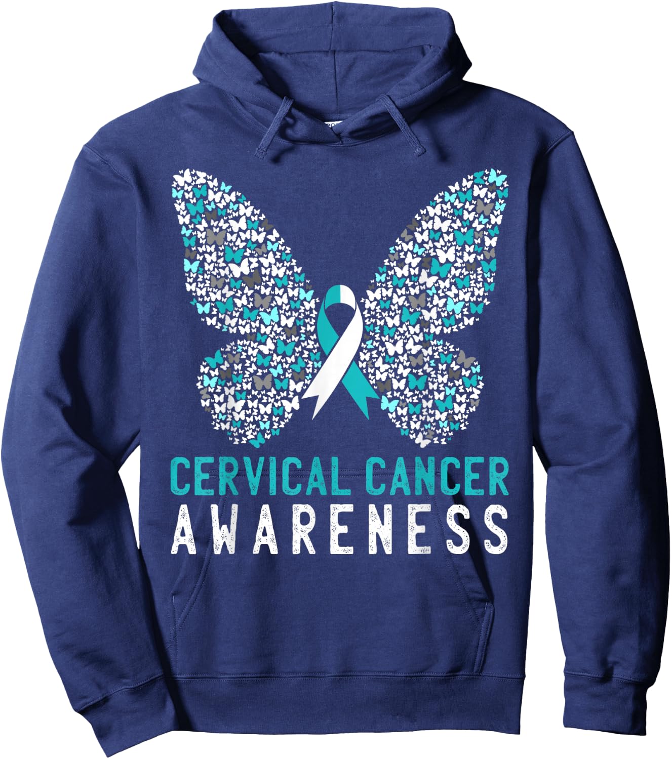 Butterfly Cervical Cancer Awareness Month White Teal Ribbon Hoodie - Hoodie | Navy