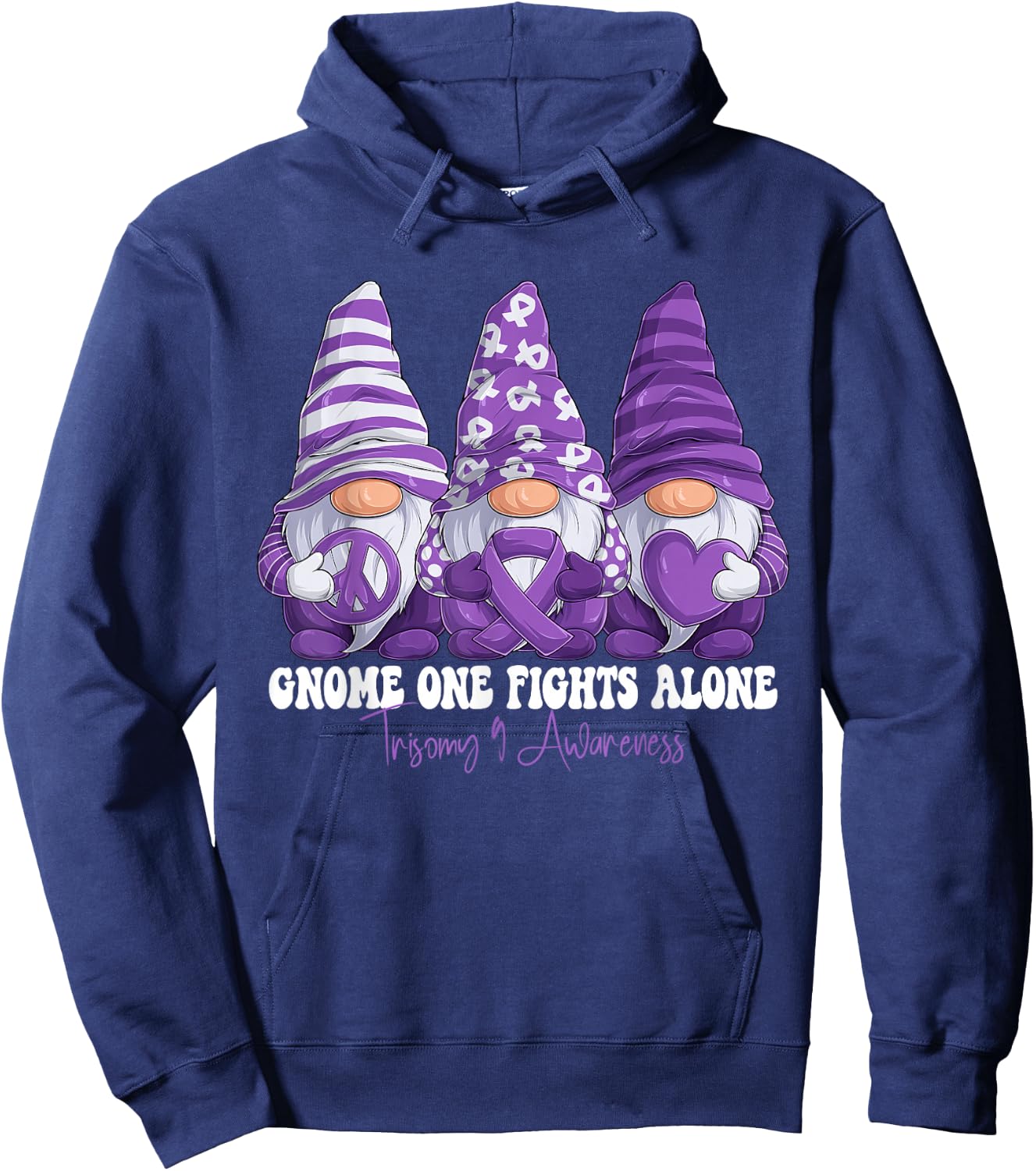 Trisomy 9 Awareness Month Purple Ribbon Gnomies Support Hoodie - Hoodie | Navy