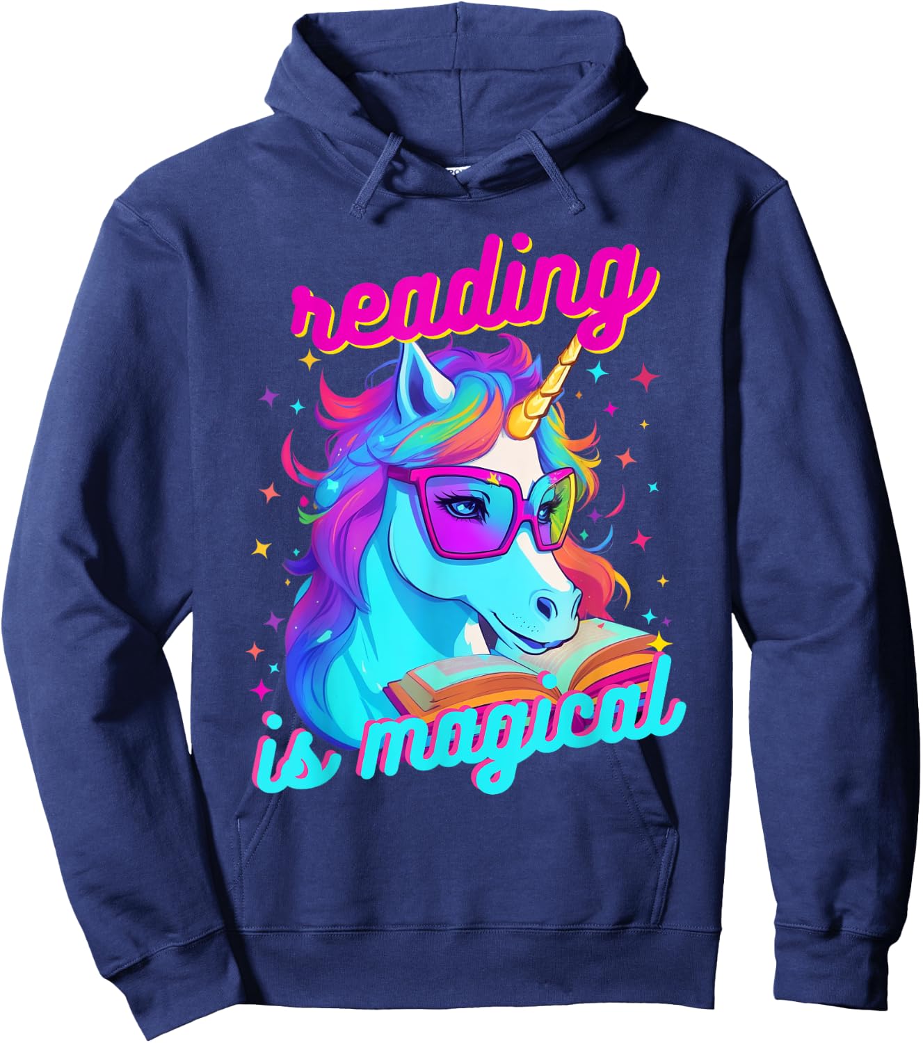 Psychedelic Cool Nerd Unicorn Reading is Magical Book Lover Hoodie - Hoodie | Navy