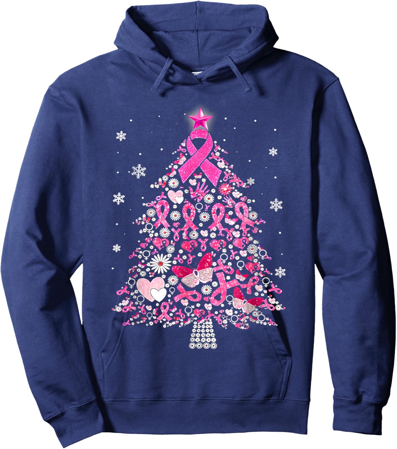 Breast Cancer Ornament Decoration Christmas Tree Snowflakes Hoodie - Hoodie | Navy