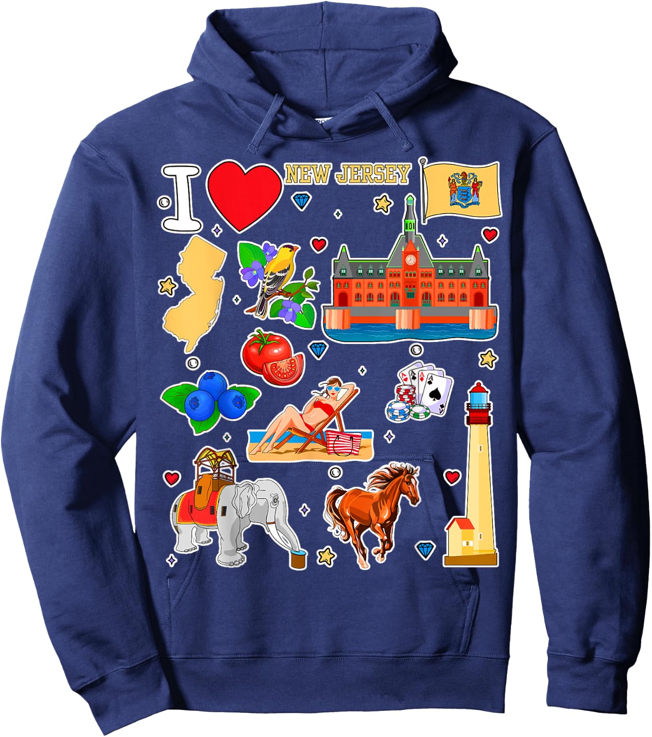 New Jersey map, hand drawn State Symbols and icons Hoodie - Hoodie | Navy