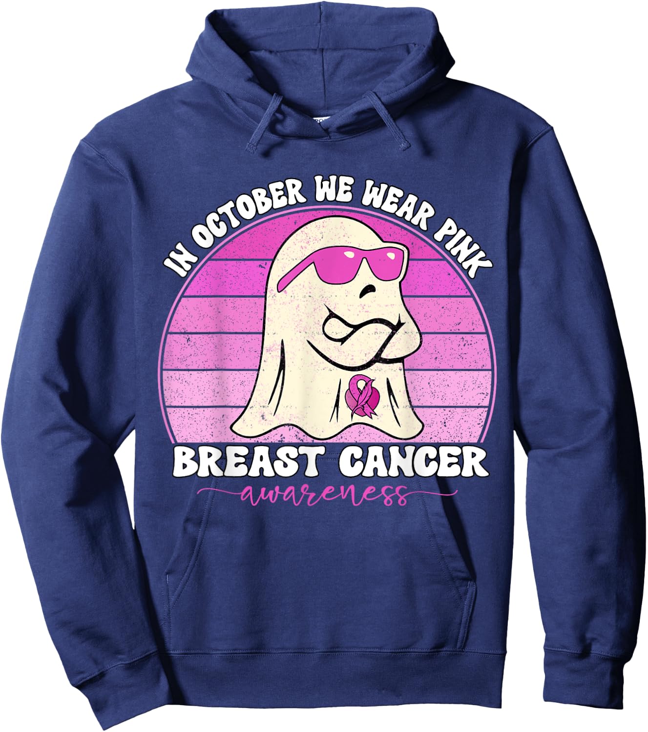 Groovy Breast Cancer Awareness We Wear Pink Ribbon Ghost Hoodie - Hoodie | Navy