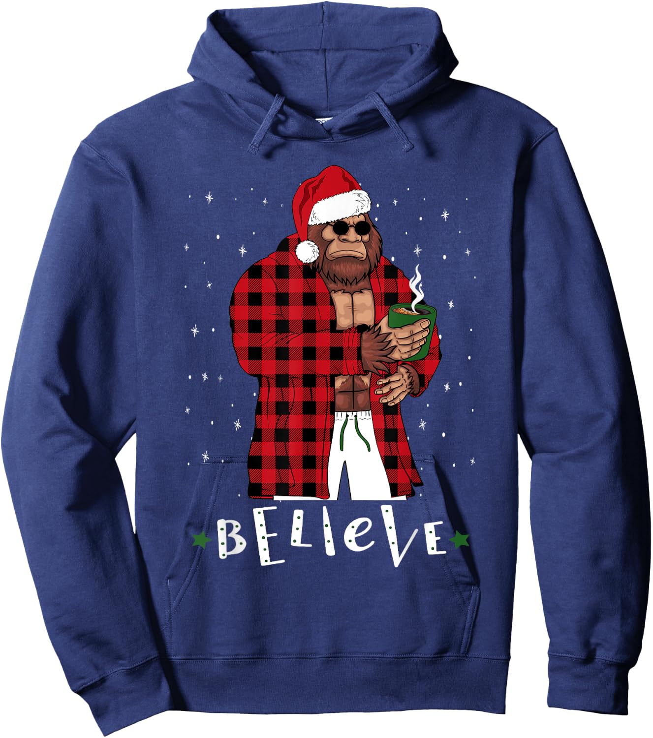 Bigfoot Christmas Buffalo Plaid Sasquatch Coffee Drinker Hoodie - Hoodie | Navy