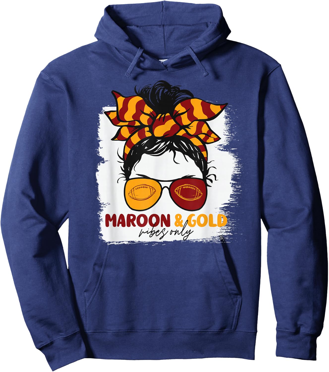 Maroon and Gold Vibes Only Football Mom Gameday Messy Hair Hoodie - Hoodie | Navy