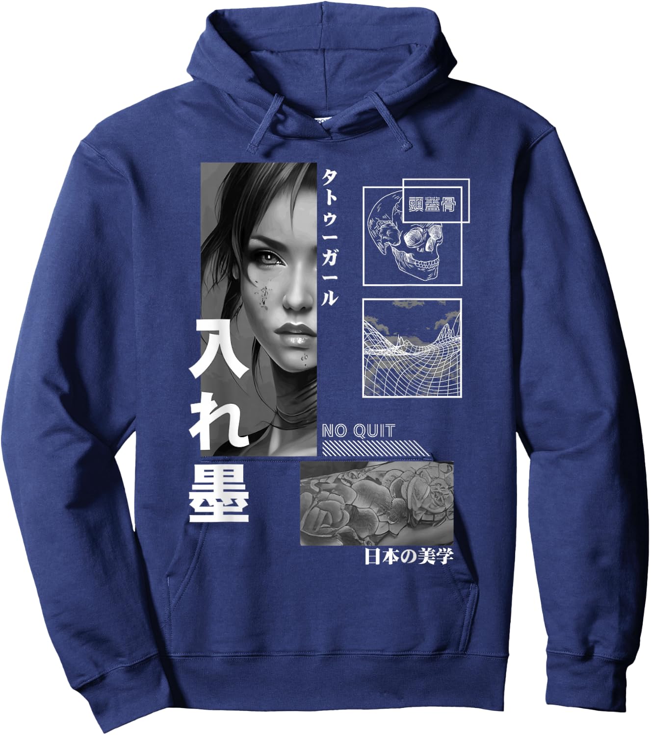 Japanese Aesthetic Girl Flower Tattoo Tokyo Streetwear Hoodie - Hoodie | Navy