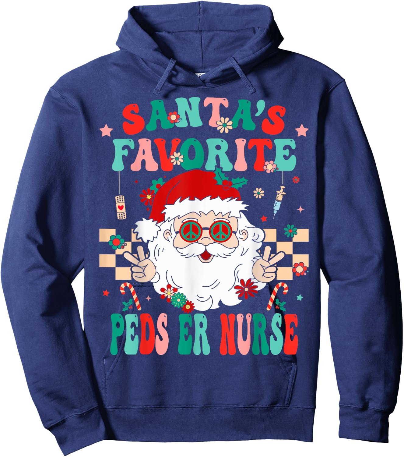 Santa Favorite Peds ER Nurse Retro Groovy Nurse Christmas Hoodie - Hoodie | Navy